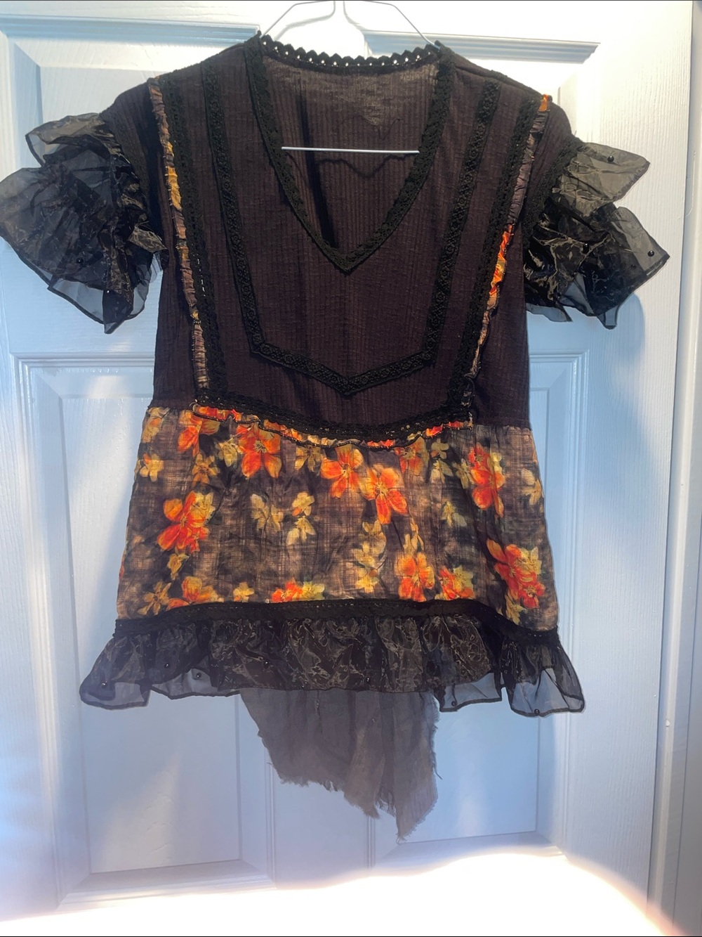 Boho Floral Ruffle Sleeve Women’s Top - Black with Orange Floral, up cycled